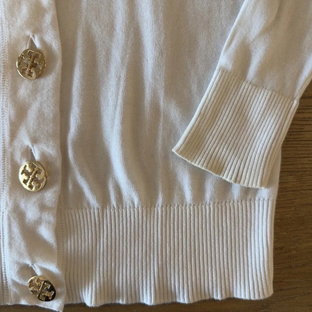 TORY BURCH Simone Cardigan 100% Cotton-White-Gold Logo Button-Lightweight-Sz XS